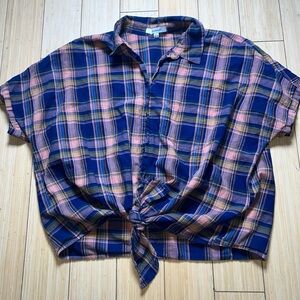 Madewell Women’s Small Navy Orange Plaid Button Down Shirt Tie Short Sleeve